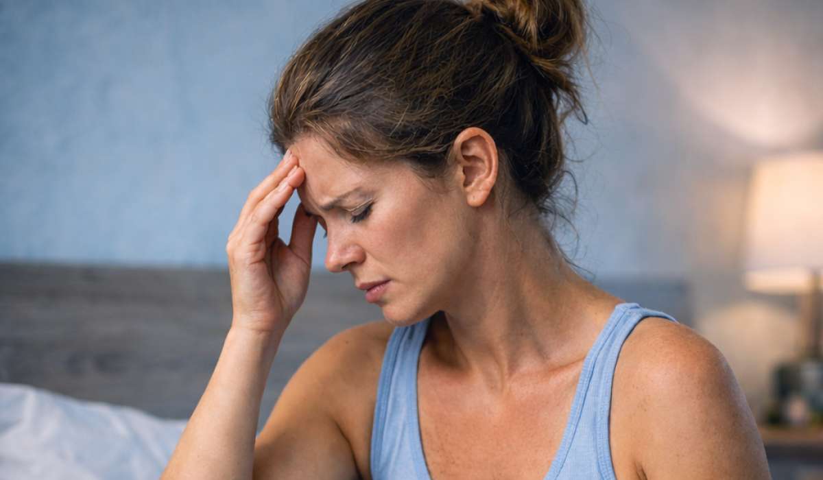 vrouw grijp naar haar hoofd spanning op haar hoofd